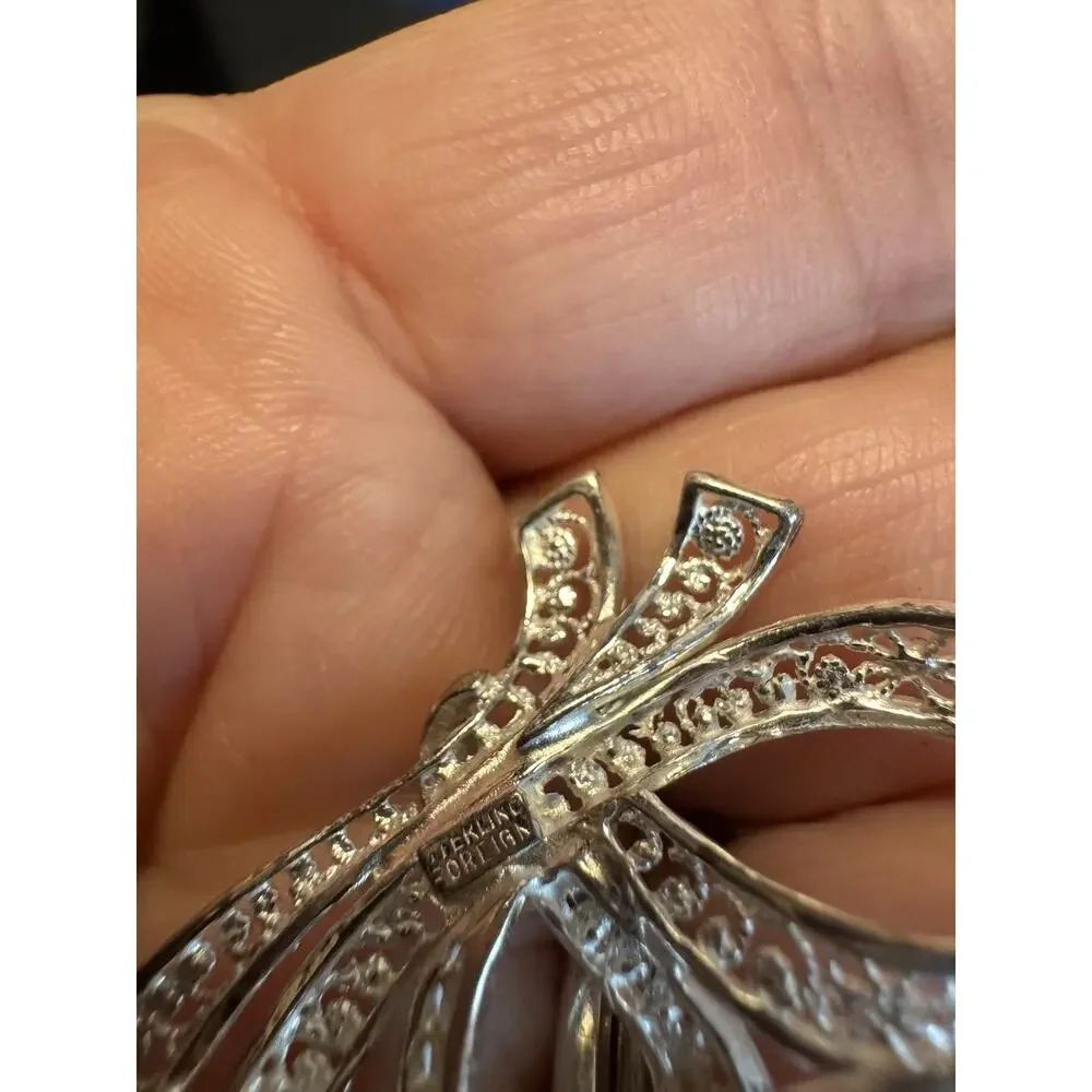 Vintage Forum Sterling Silver Filigree Ribbon Bow Brooch Pin 925